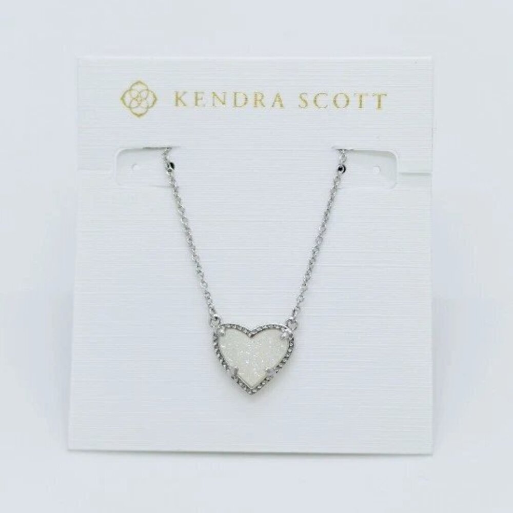 Kendra Scott Ari Heart Silver Necklace in White Iridescent Drusy